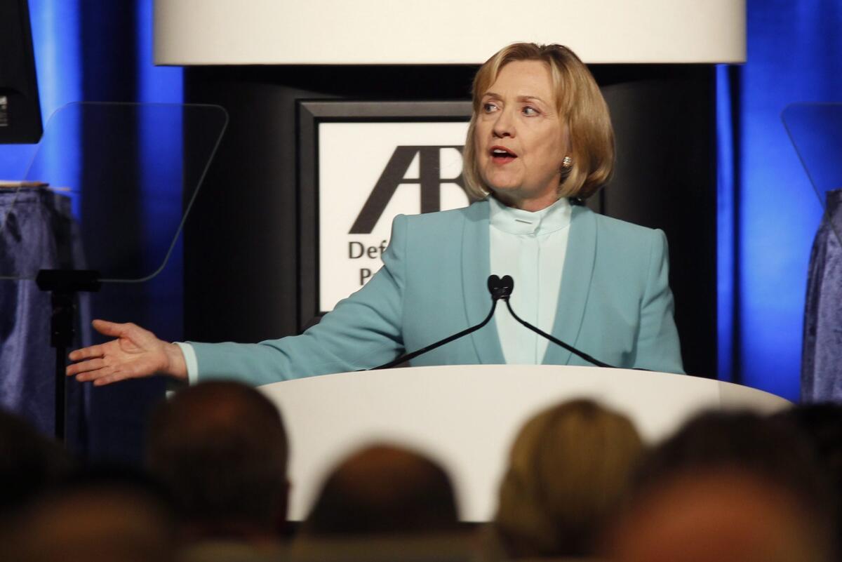 Former Secretary of State Hillary Rodham Clinton addresses a crowd after receiving an American Bar Assn. award in San Francisco.