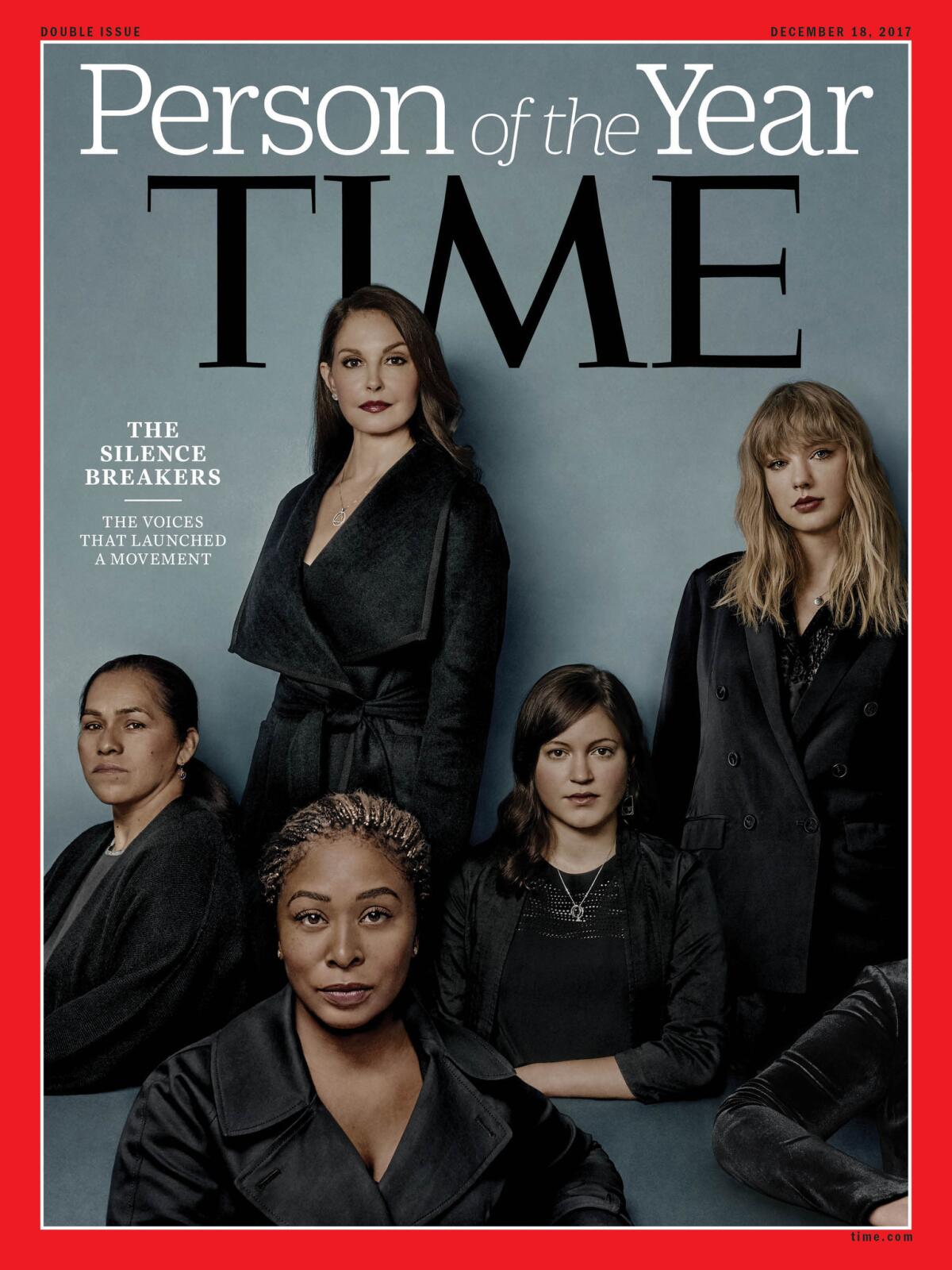 The 2017 Time magazine cover featuring Ashley Judd, Susan Fowler, Adama Iwu, Taylor Swift and Isabel Pascual.