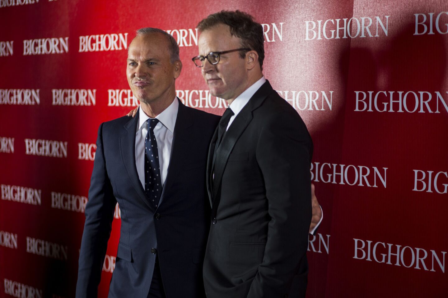 "Spotlight" duo Michael Keaton, left, and director Tom McCarthy backstage at the 2016 Palm Springs International Film Festival Awards Gala. Keaton presented McCarthy the Sonny Bono Visionary Award.