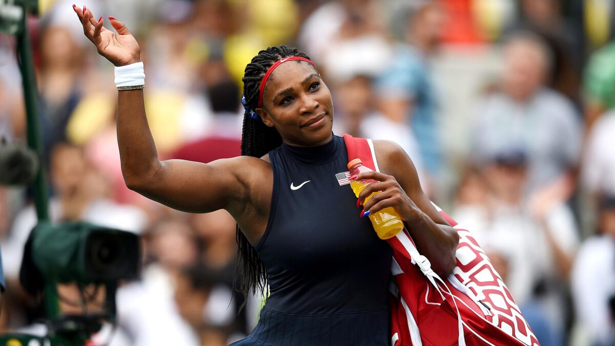 Serena Williams acknowledges the crowd after defeating Daria Gavrilova in a first-round match Sunday in Rio de Janeiro.