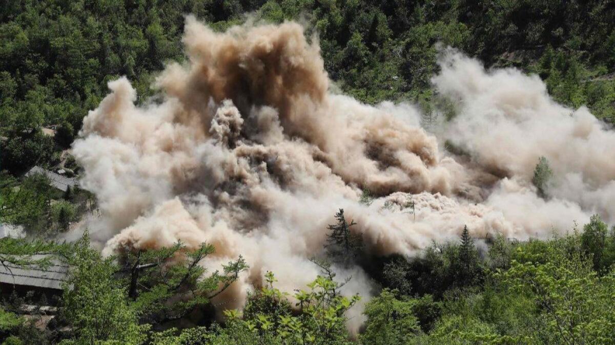 A May 24 demolition blast at North Korea's Punggye-ri nuclear test facility. North Korea declared it had "completely" dismantled its nuclear test site, but didn't allow in international inspectors.