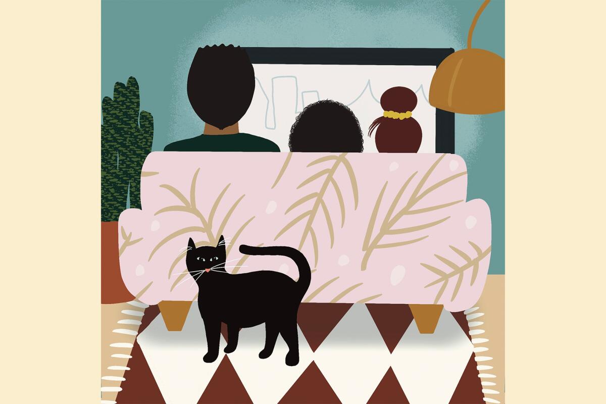 An illustration of a father and two daughters sitting on a couch, and a cat is standing guard.