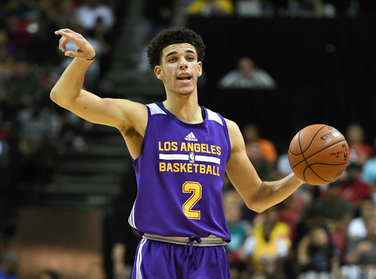 Lonzo Ball #2 of the Los Angeles Lakers sets up a play against the Brooklyn Nets during the 2017 Summer League at the Thomas & Mack Center on July 15, 2017 in Las Vegas, Nevada. Los Angeles won 115-106.