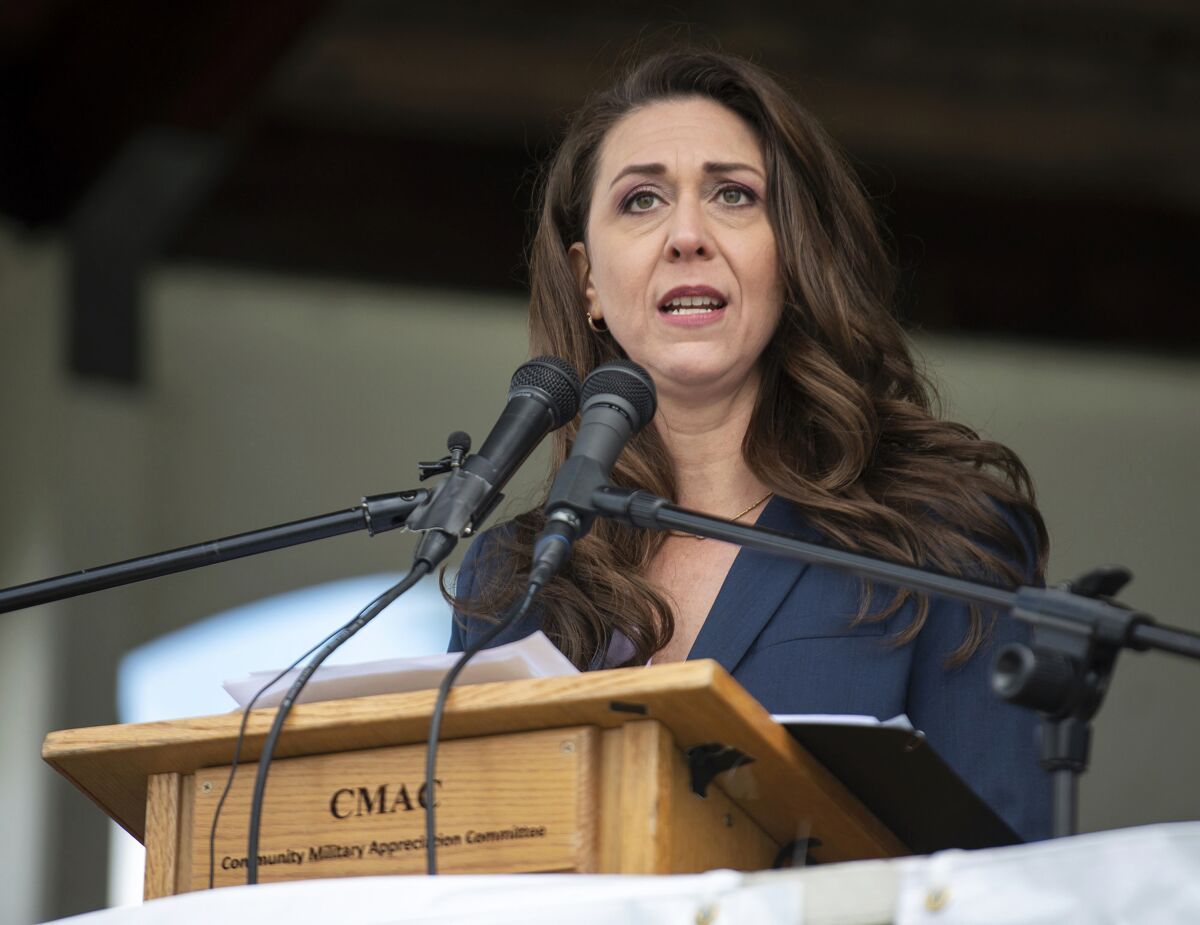 FILE - Rep. Jaime Herrera Beutler, R-Wash., speaks at a Memorial Day observance event on May 30, 2022, in Vancouver, Wash. Beutler conceded her race in Washington state's top two primary for the 3rd Congressional District. (Taylor Balkom/The Columbian via AP, File)