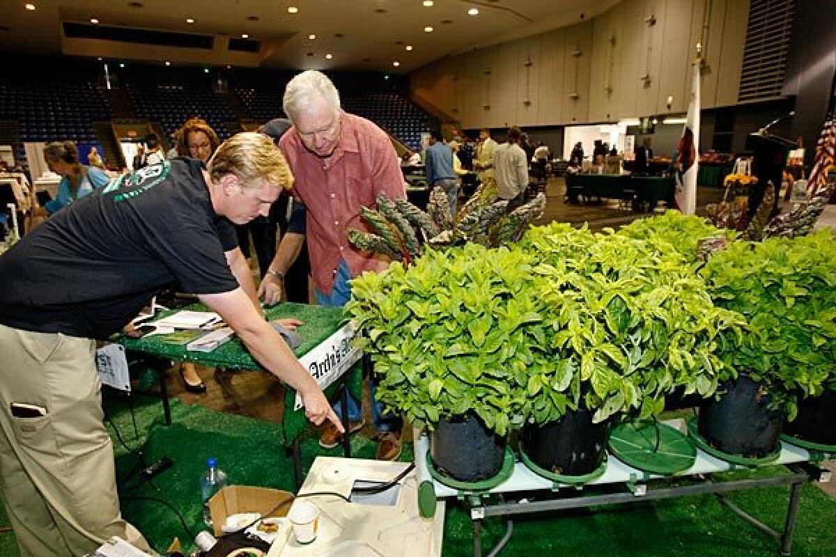 Colin Archipley of Archi's Acres, far left, points out an irrigation system to a veteran.