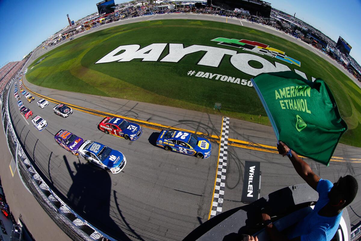 Chase Elliott, driver of the No. 24 NAPA Chevrolet, leads the field to the green flag to start the 59th annual Daytona 500.