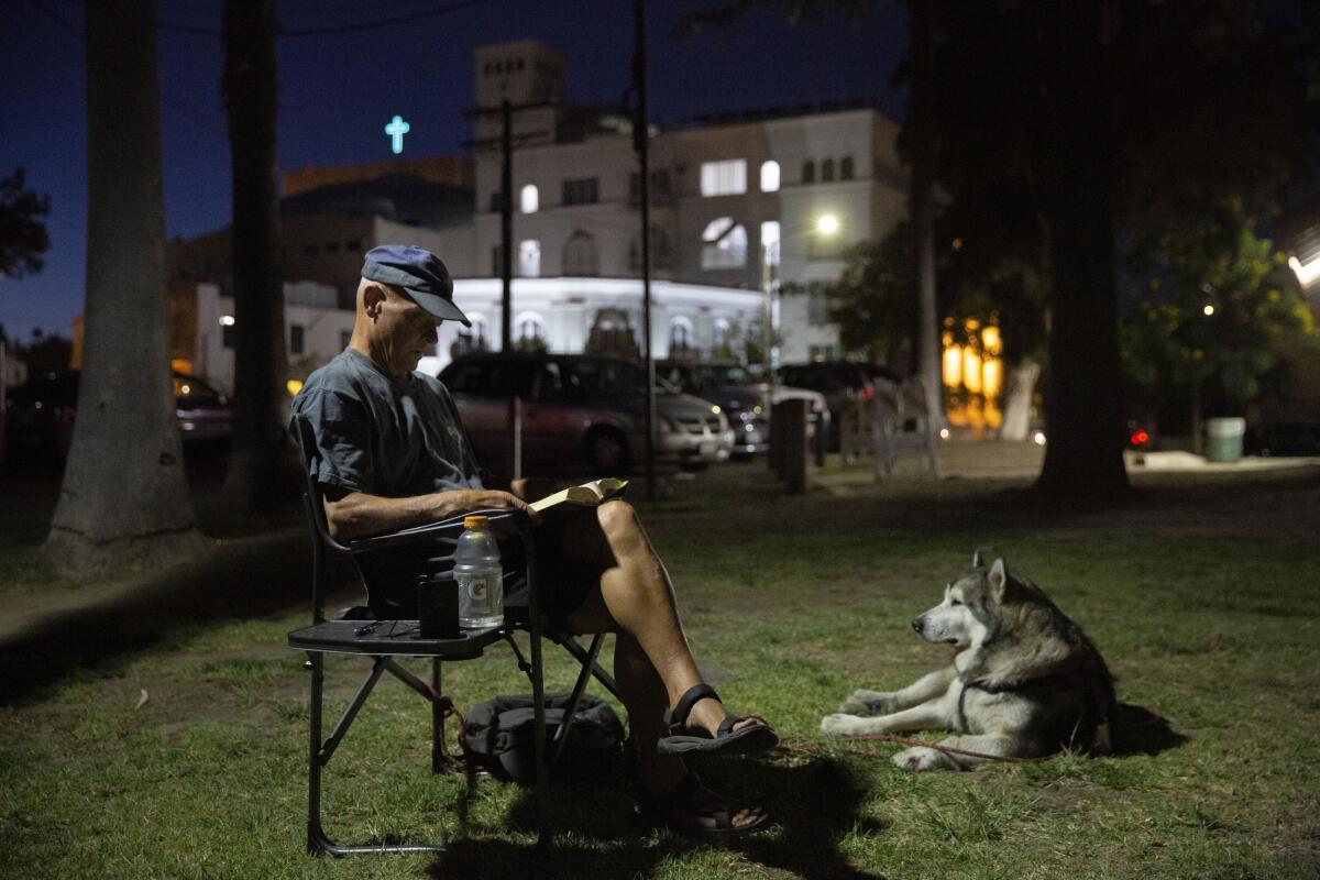 Shane Isaacson, a homeless military veteran, at Echo Park Lake
