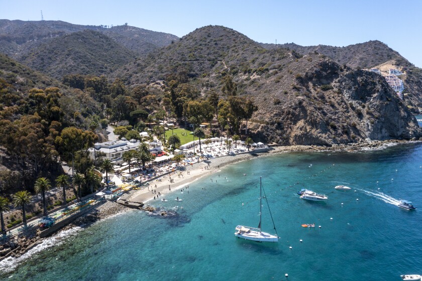 An aerial view of boats moored at Descanso Beach Club, which features Avalon's only beach side restaurant and bar