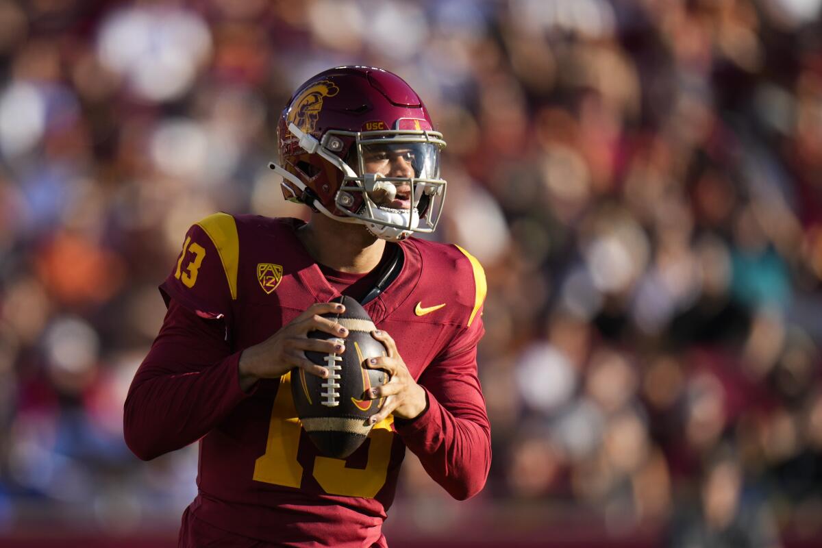 USC quarterback Caleb Williams looks to pass during a win over San José State in August.