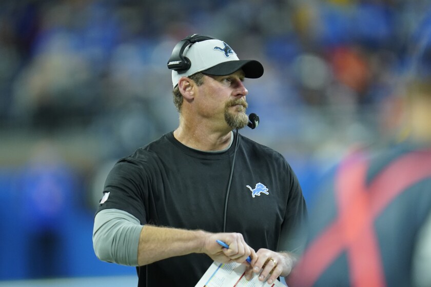 Detroit Lions head coach Dan Campbell on the sideline during the second half of an NFL football game against the Chicago Bears, Thursday, Nov. 25, 2021, in Detroit. (AP Photo/Paul Sancya)