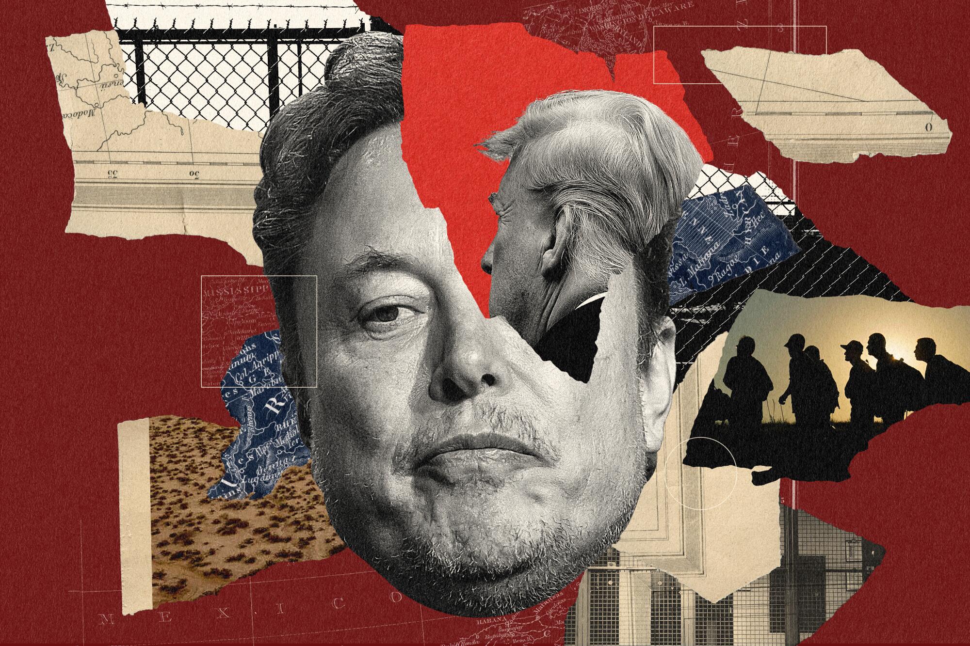 Photo illustration of Elon Musk, Donald Trump, photos of immigrants and maps