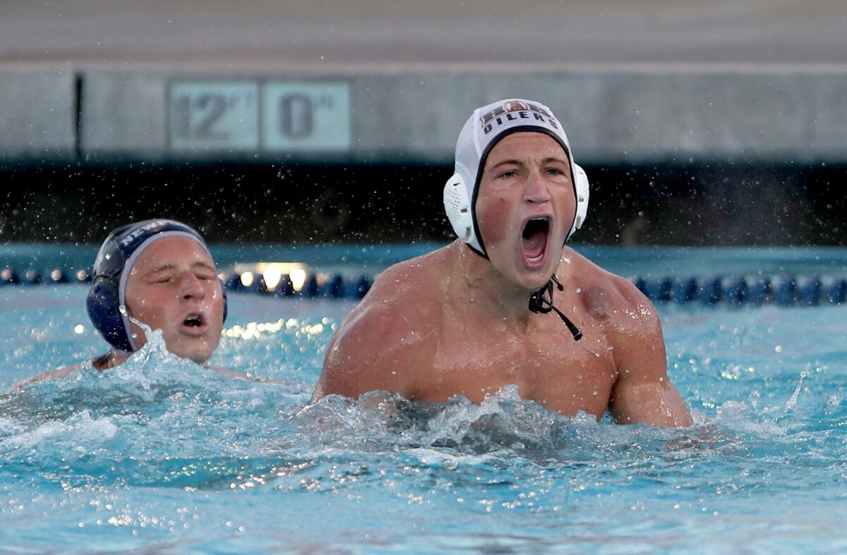 Zach Bettino of Huntington Beach reacts to a score in the fourth period of Thursday night's match.