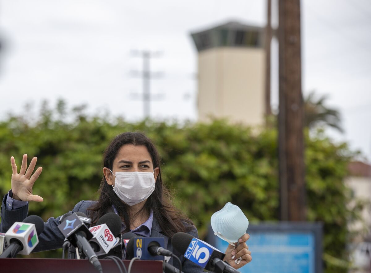 Rep. Nanette Diaz Barragan speaks after touring the Terminal Island prison site to inquire about the "extremely high" number of COVID-19 cases among inmates and prison staff.