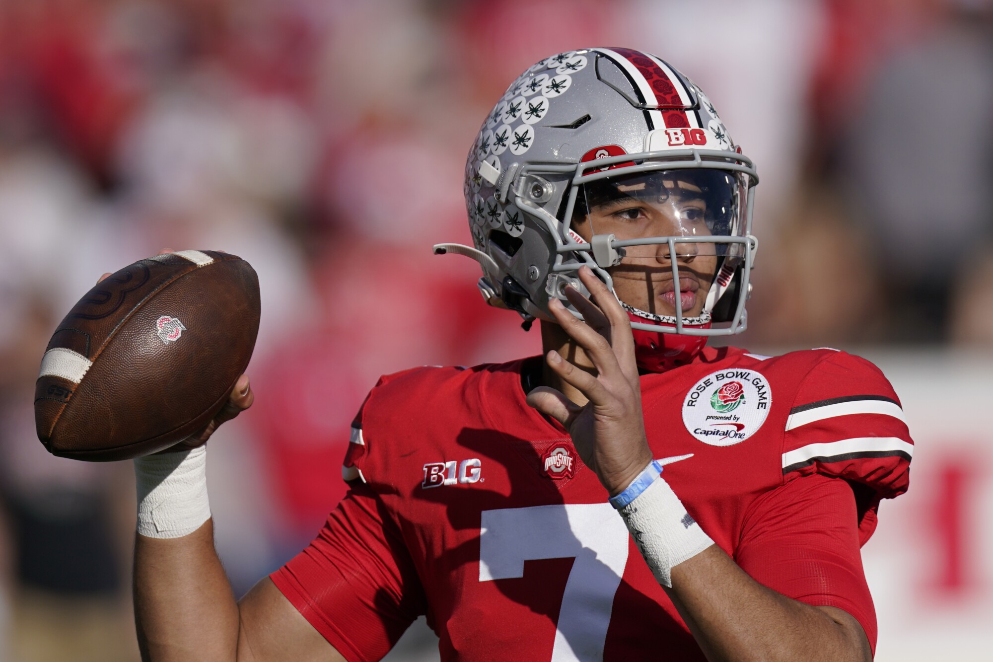 Ohio State quarterback CJ Stroud looks to pass against Utah in the Rose Bowl on Jan. 1.
