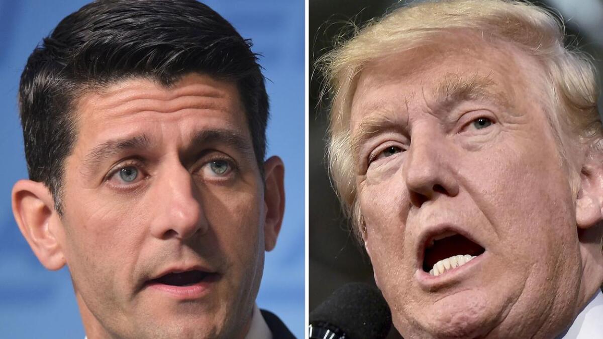 House Speaker Paul D. Ryan, left, announced Monday he wouldn’t campaign for Donald Trump, the GOP presidential nominee.