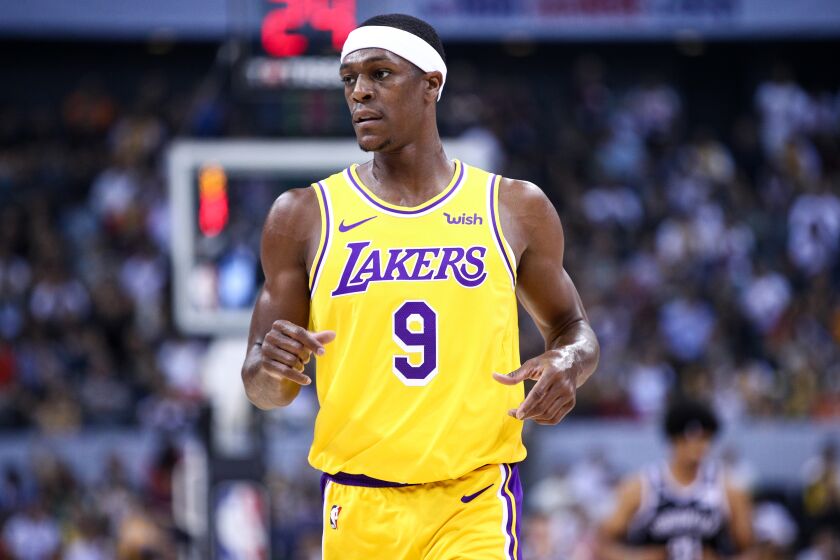 SHENZHEN, CHINA - OCTOBER 12: #9 Rajon Rondo of the Los Angeles Lakers looks on during the match against the Brooklyn Nets during a preseason game as part of 2019 NBA Global Games China at Shenzhen Universiade Center on October 12, 2019 in Shenzhen, Guangdong, China. (Photo by Zhong Zhi/Getty Images)