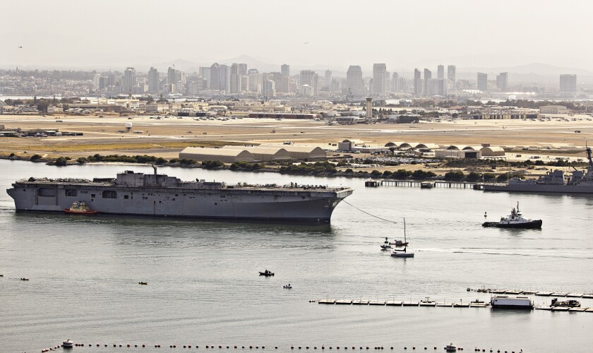 The former USS Bonhomme Richard leaves San Diego Bay
