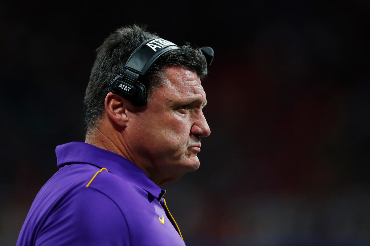 Louisiana State coach Ed Orgeron looks on from the sideline during a College Football Playoff semifinal game against Oklahoma on Dec. 28.