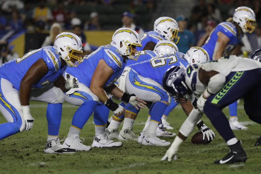 Los Angeles Chargers front line readies against the Seattle Seahawks during the second half of an NFL preseason football game in Carson, Sunday, Aug. 25, 2019. (AP Photo/Alex Gallardo)
