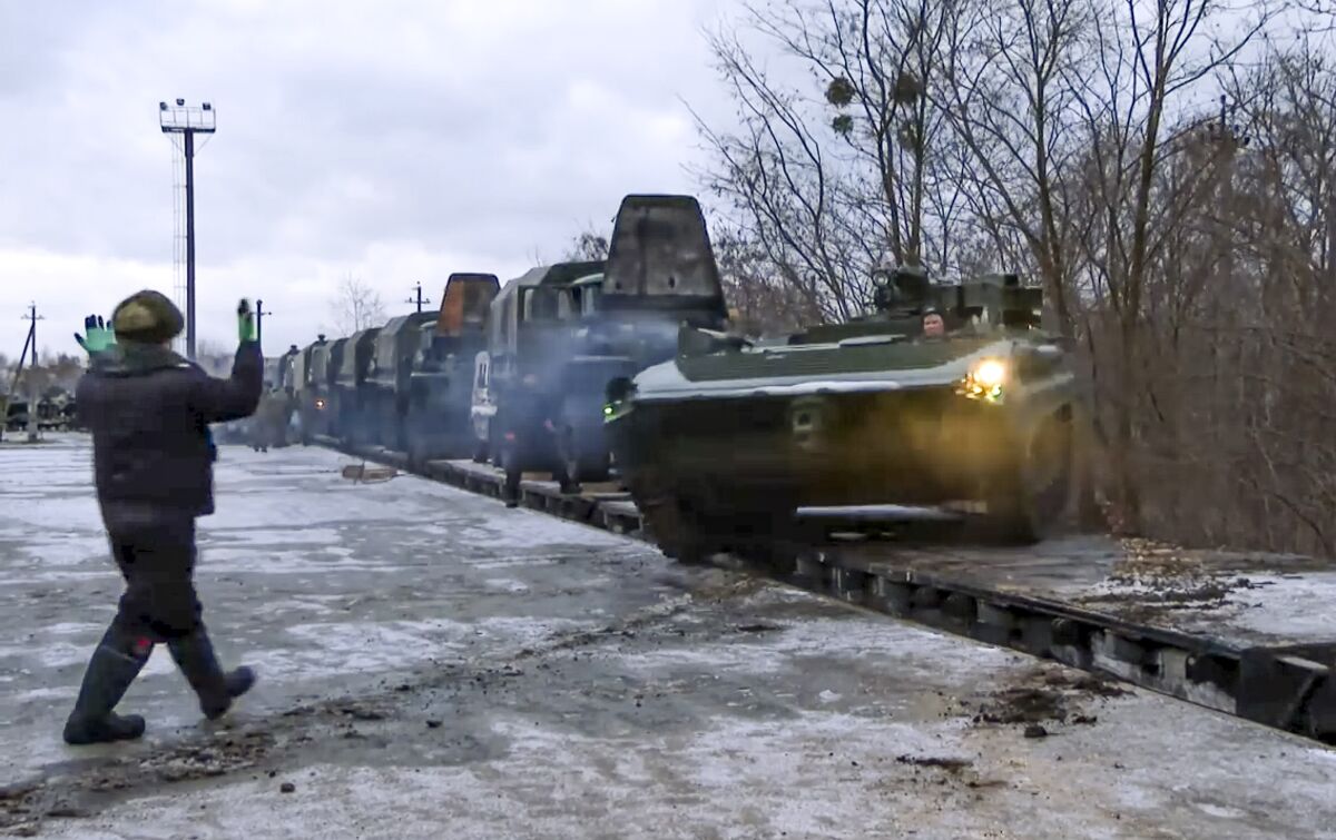 Russian armored vehicles on a railway platform in Belarus.