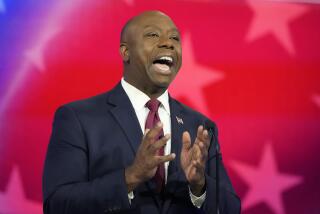 Republican presidential candidate Sen. Tim Scott, R-S.C., speaks during a Republican presidential primary debate hosted by NBC News, Wednesday, Nov. 8, 2023, at the Adrienne Arsht Center for the Performing Arts of Miami-Dade County in Miami. (AP Photo/Rebecca Blackwell)