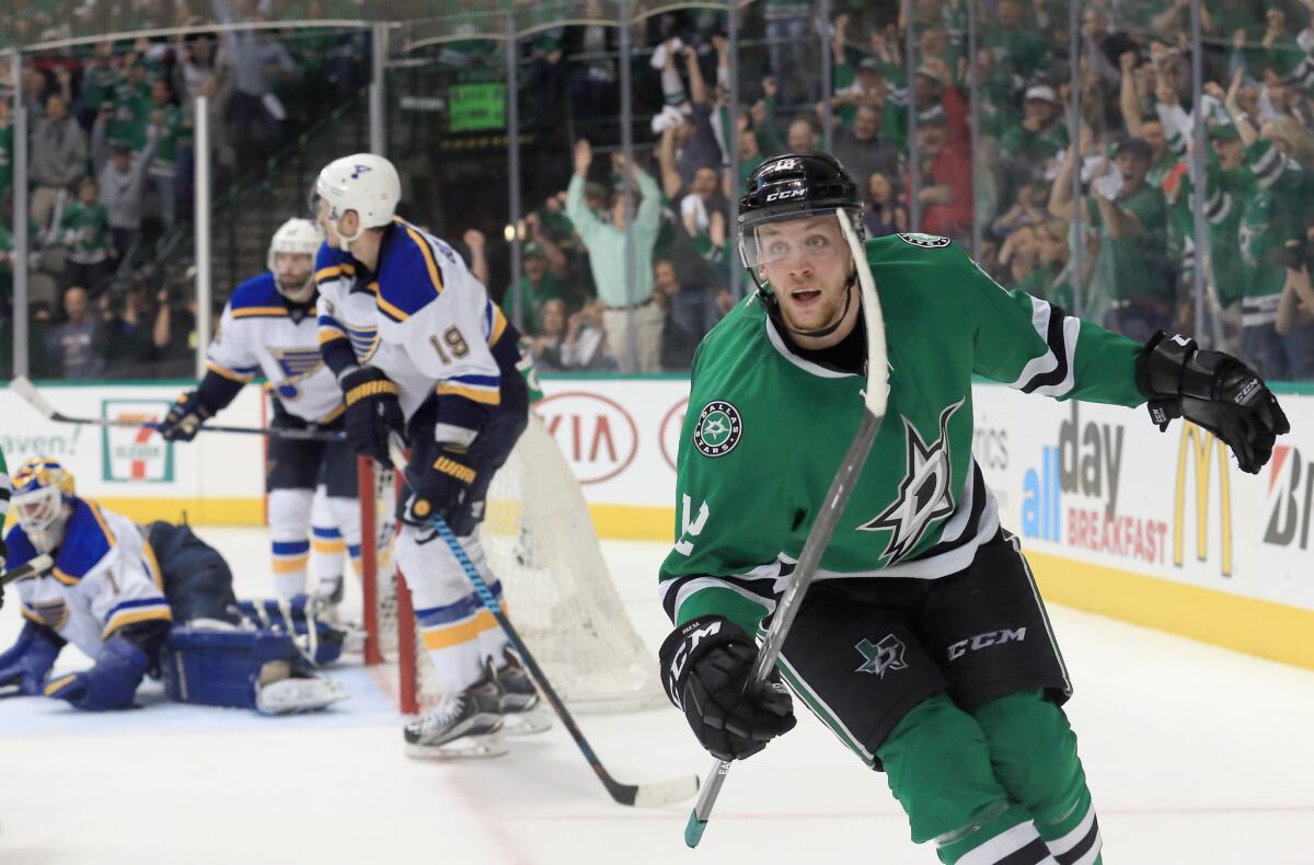 Stars forward Radek Faksa celebrates after scoring a goal on Blues goalie Brian Elliott during the third period of a game on April 29.