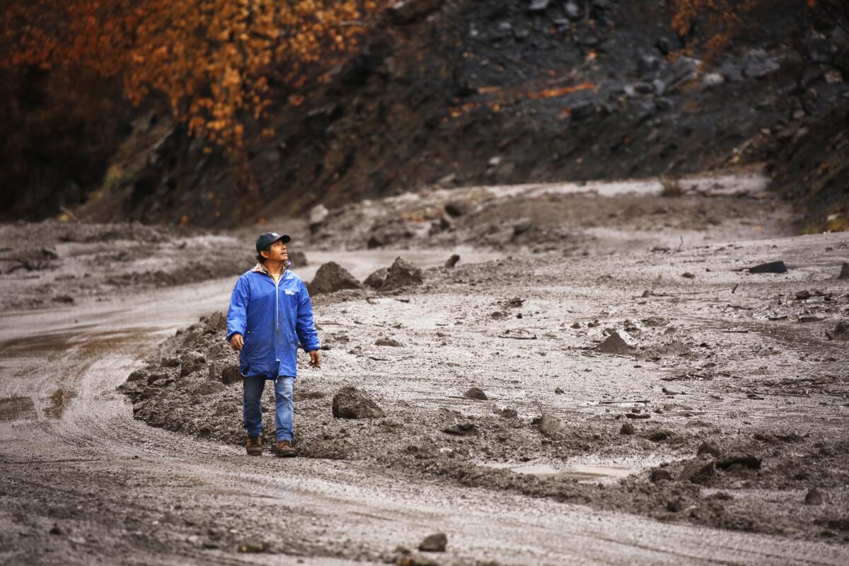 Mario Romero looks at mud debris covering Maricopa Highway 33 north of Ojai, which has several closures due to mud and debris slides covering the roadway.