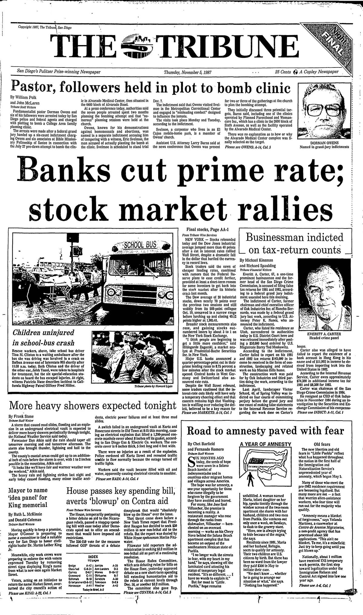 Copy of The Tribune's front page from November 5, 1987.