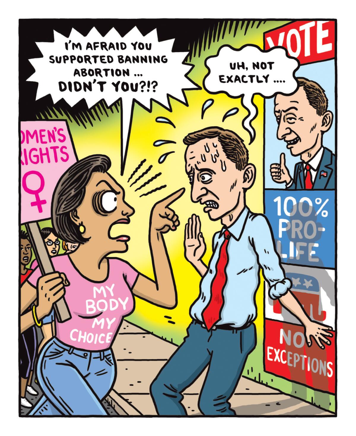 Illustration of a woman in a "My body my choice" T-shirt confronting a political candidate wearing a red tie and sweating