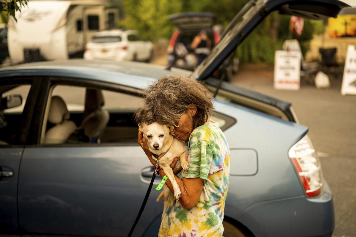 A woman hugs a small dog