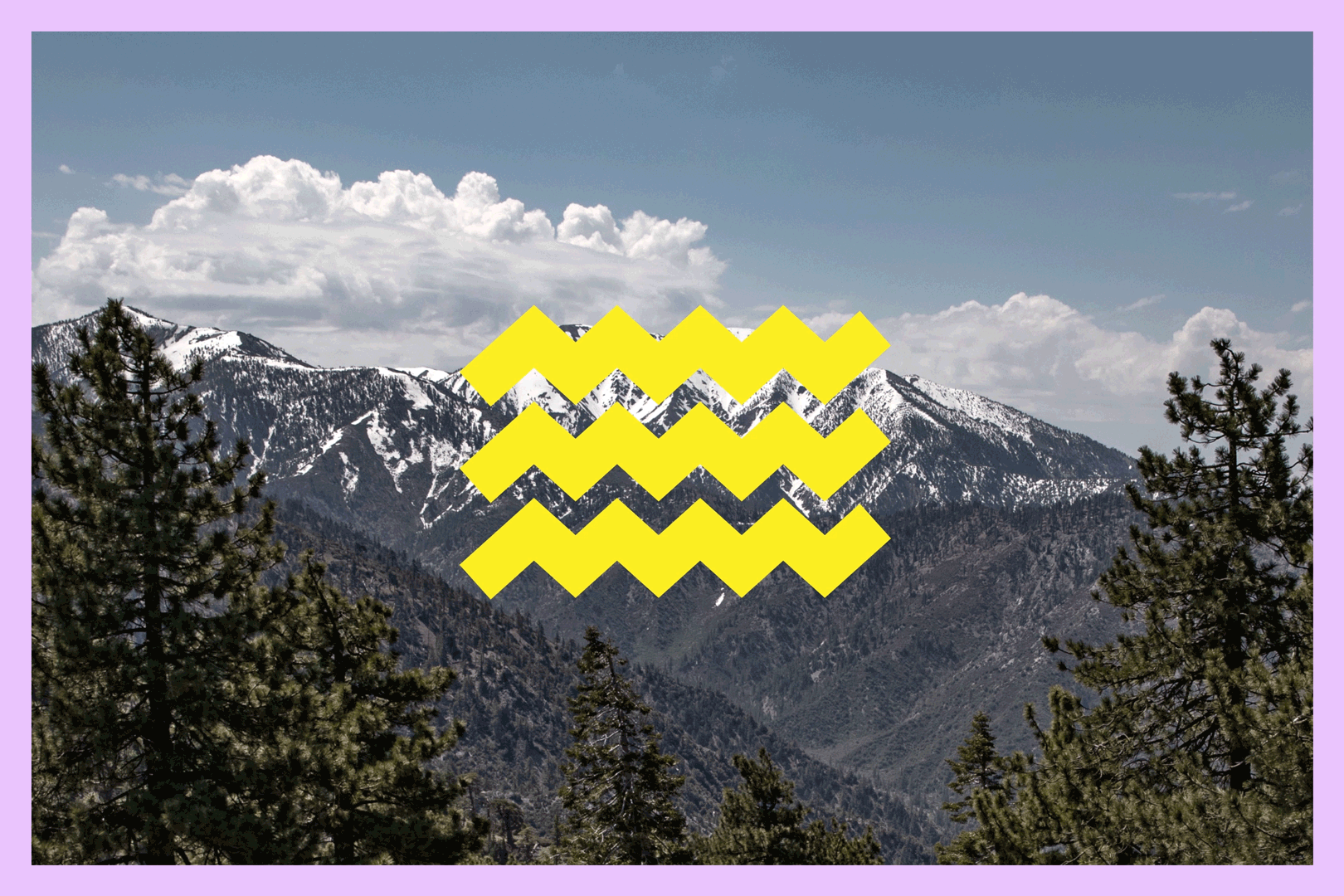 A view of snowcapped mountains with three animated wavy yellow lines 