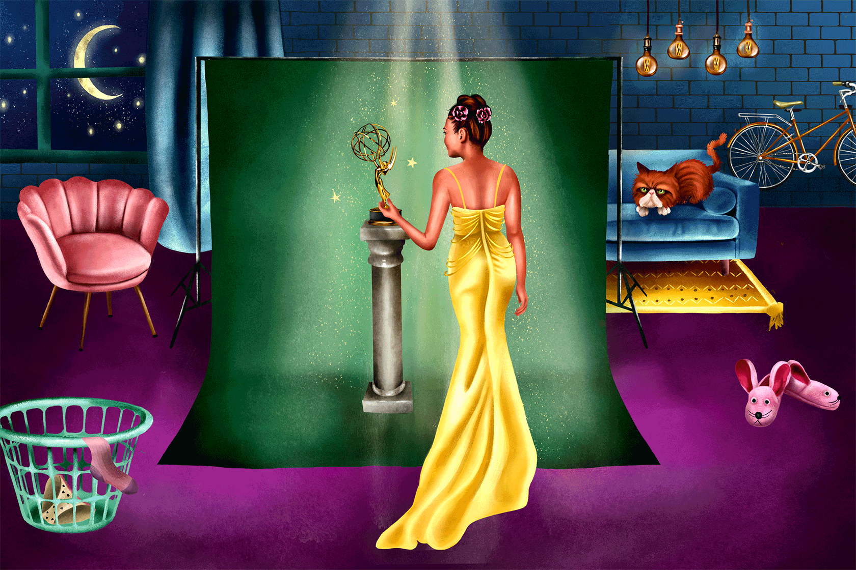 Illustration of an actress in gown standing in her own living room.