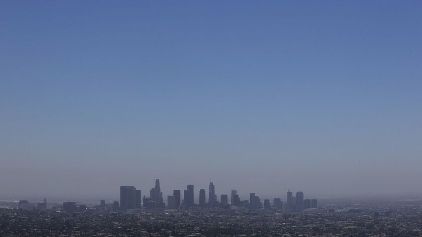 The skyline of downtown Los Angeles is seen from Griffith Observatory on Monday.