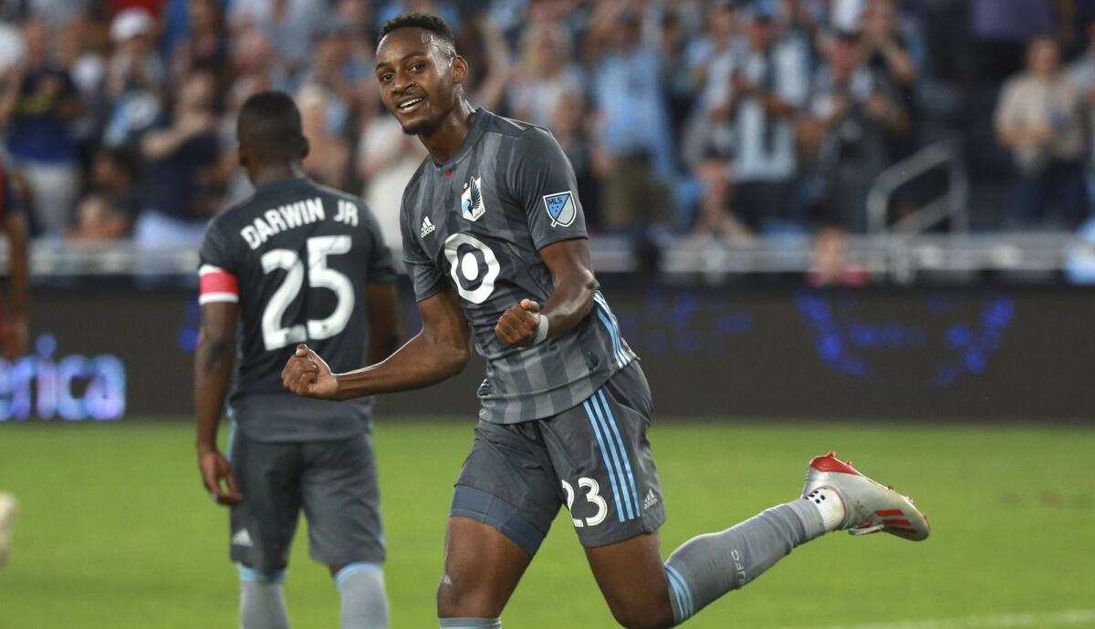 Minnesota FC forward Mason Toye, shown during a game earlier this season, scored twice against LAFC on Sunday.