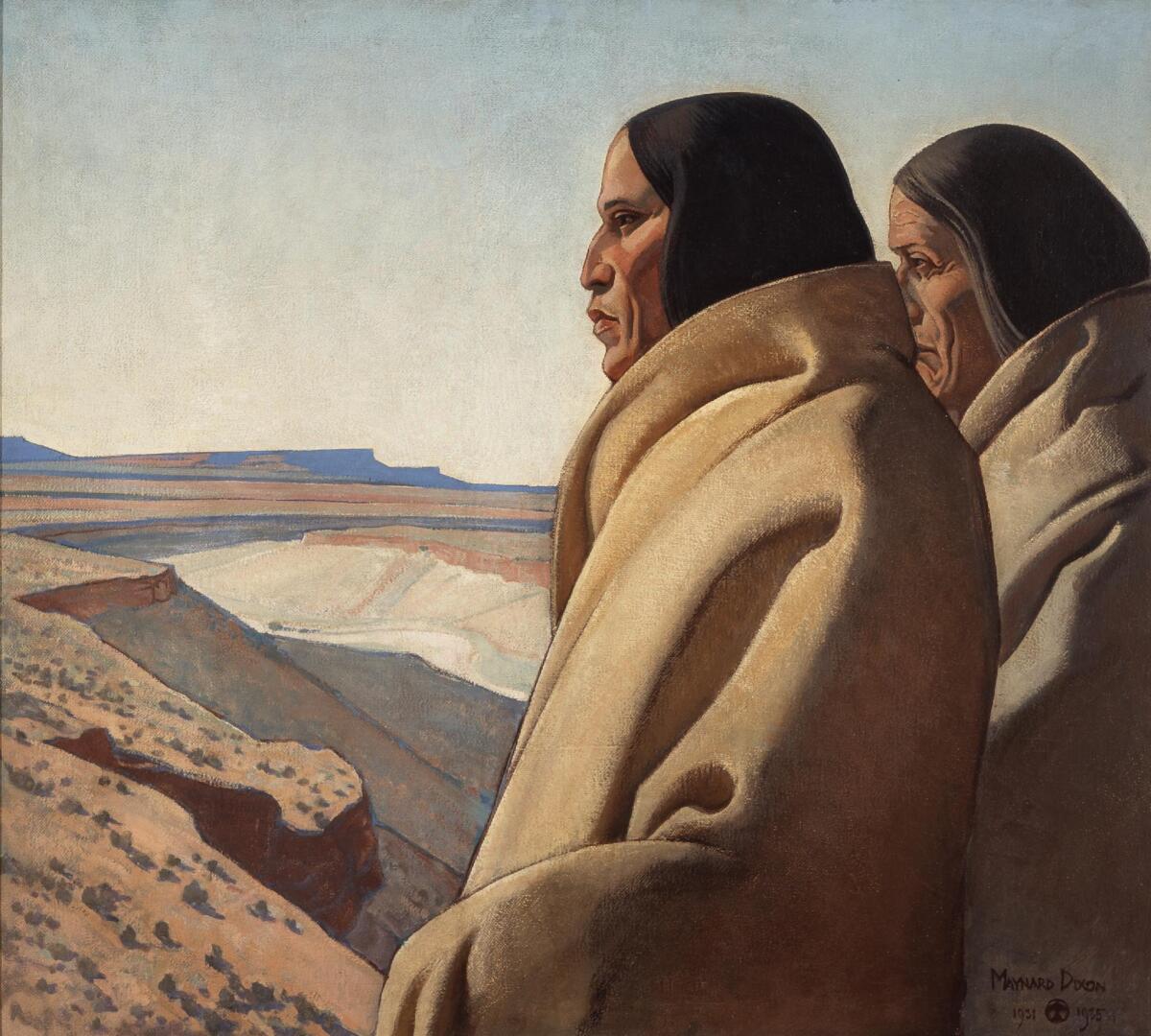 From 1919 to 1956, students at Gardena High School acquired paintings for their school. A number of works from that collection are now on view at the Autry Center. including Maynard Dixon's 1931-32 canvas, "Men of the Red Earth," a detail of which is seen here.