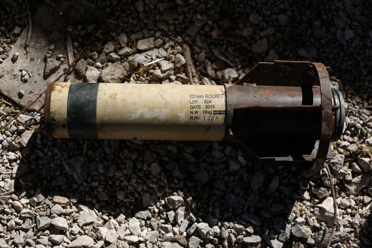 A rocket with a chlorine gas container is seen after it was retrieved near Damascus, in Syria on Feb. 2.
