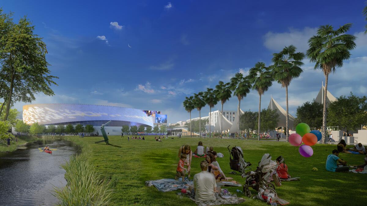 An artists rendering shows The Toll Brothers proposal for redevelopment of the Sports Arena site.