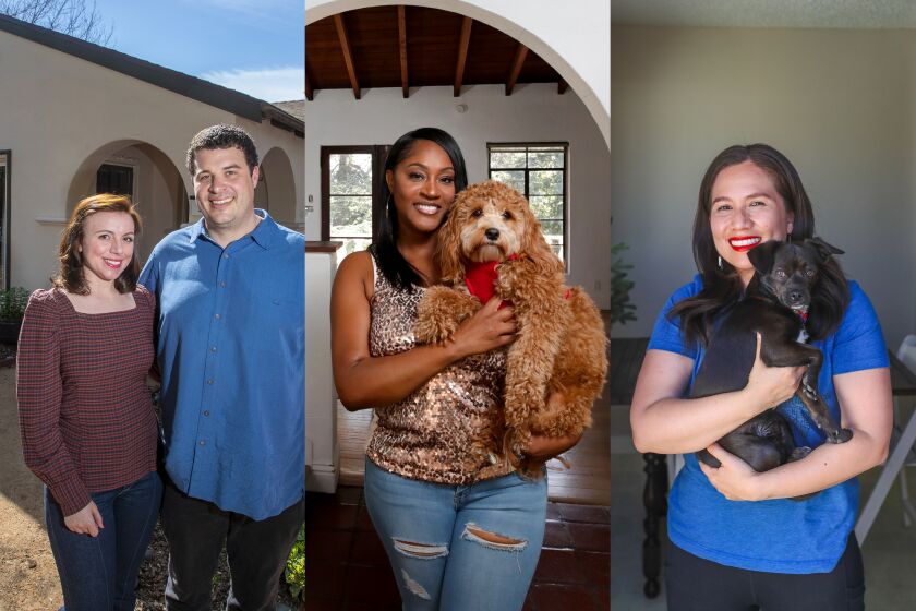 Photos of three new homeowners standing with their new homes, two are also holding dogs.