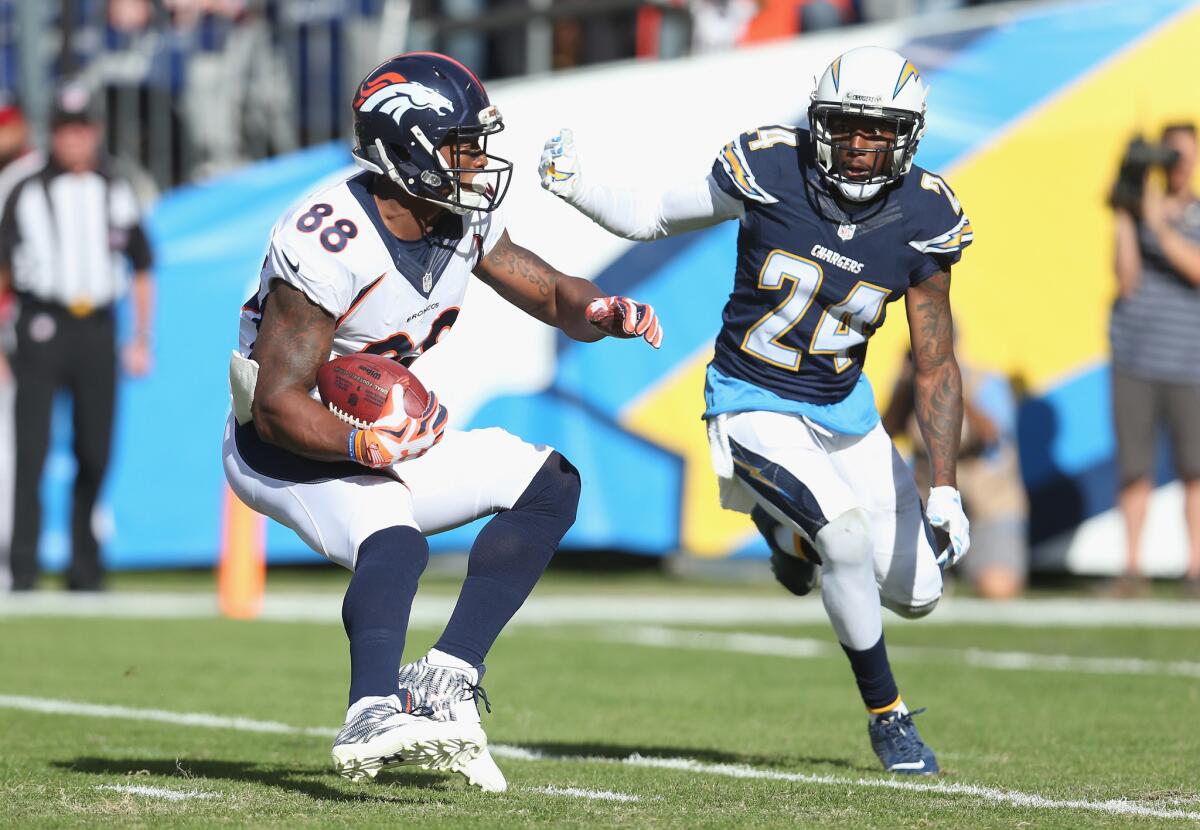 Chargers cornerback Brandon Flowers tracks Broncos receiver Demaryius Thomas after a 21-yard reception during agame on Dec. 6.