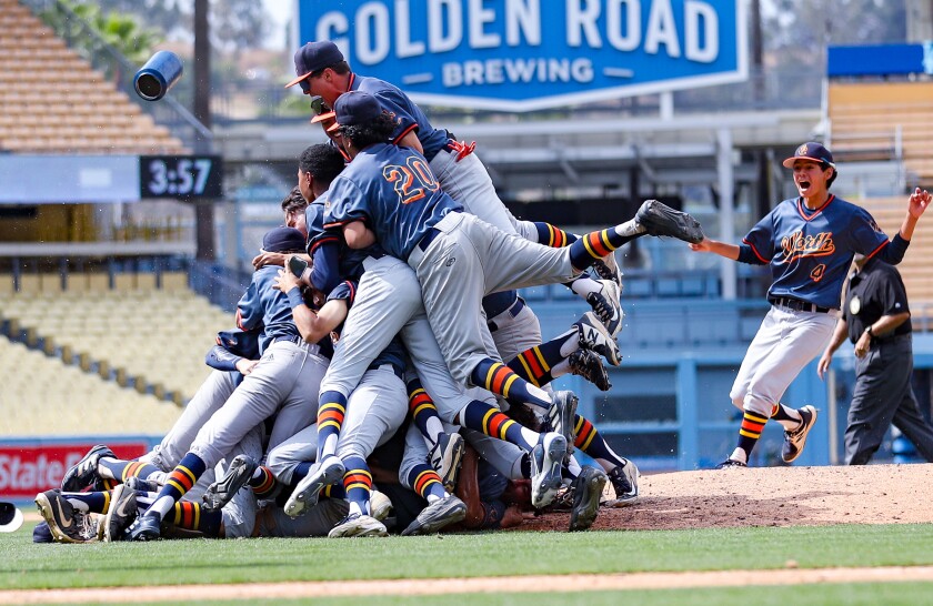 Chatsworth players form a dogpile on the mound at Dodger Stadium after winning the City Section Open Division championship.