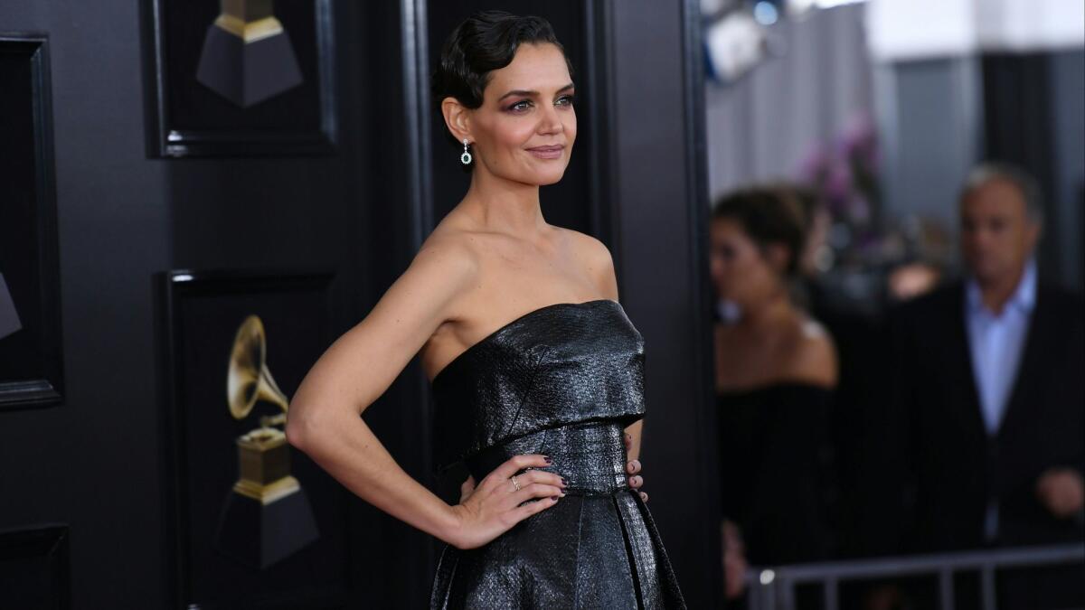Katie Holmes arrives for the 60th Grammy Awards in New York.
