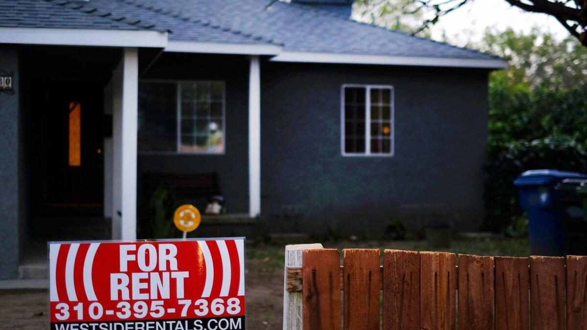 A sign advertising a house for rent in Los Angeles on Feb. 27, 2015.