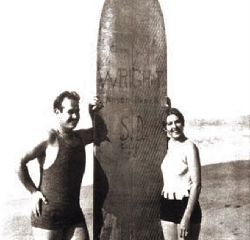 Faye Baird, with her Ocean Beach surf pal Charlie Wright, circa 1926, was recognized as San Diego's first surfer.