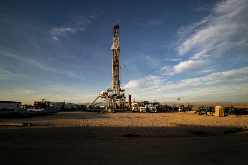 CALIPATRIA, CA - NOVEMBER 9, 2021: Drilling has begun at the Australian company's Controlled Thermal Resources geothermal energy and lithium plant on the south side of the Salton Sea on November 9, 20201 in Calipatria, California. The half-billion-dollar "Hell's Kitchen" project has the potential to supply huge amounts of 24/7 clean energy for the power grid and lithium for electric vehicle batteries and energy storage installations. This will foster a clean energy boom in the Imperial Valley. General Motors has invested in the plant.(Gina Ferazzi / Los Angeles Times)