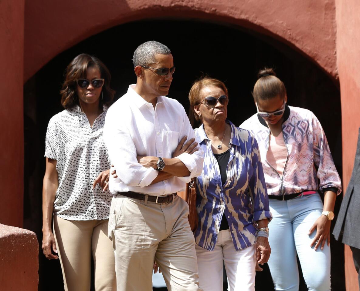 U.S. President Barack Obama is pictured during his visit to the Maison Des Ecslaves with members of his family on Goree Island