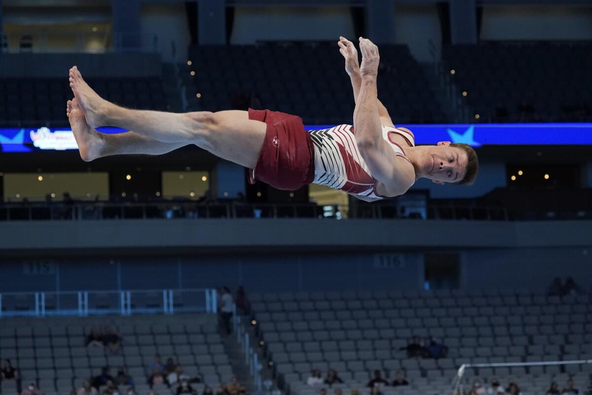 Brody Malone competes in the floor exercise during the U.S. Gymnastics Championships.
