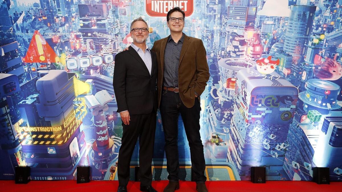 "Ralph Breaks the Internet" co-directors Rich Moore, left, and Phil Johnston at the film's premiere in Rome on Nov. 16.