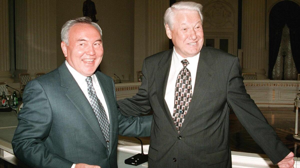 The late Russian President Boris N. Yeltsin, right, and Kazakh counterpart Nursultan Nazarbayev are shown during a meeting at the Kremlin in Moscow on July 6, 1998.