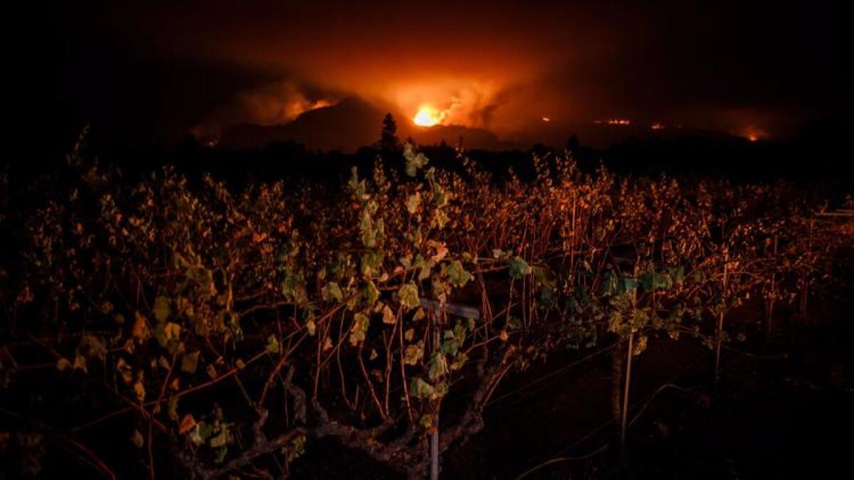 Wildfire is visible Tuesday from a vineyard near Kenwood.