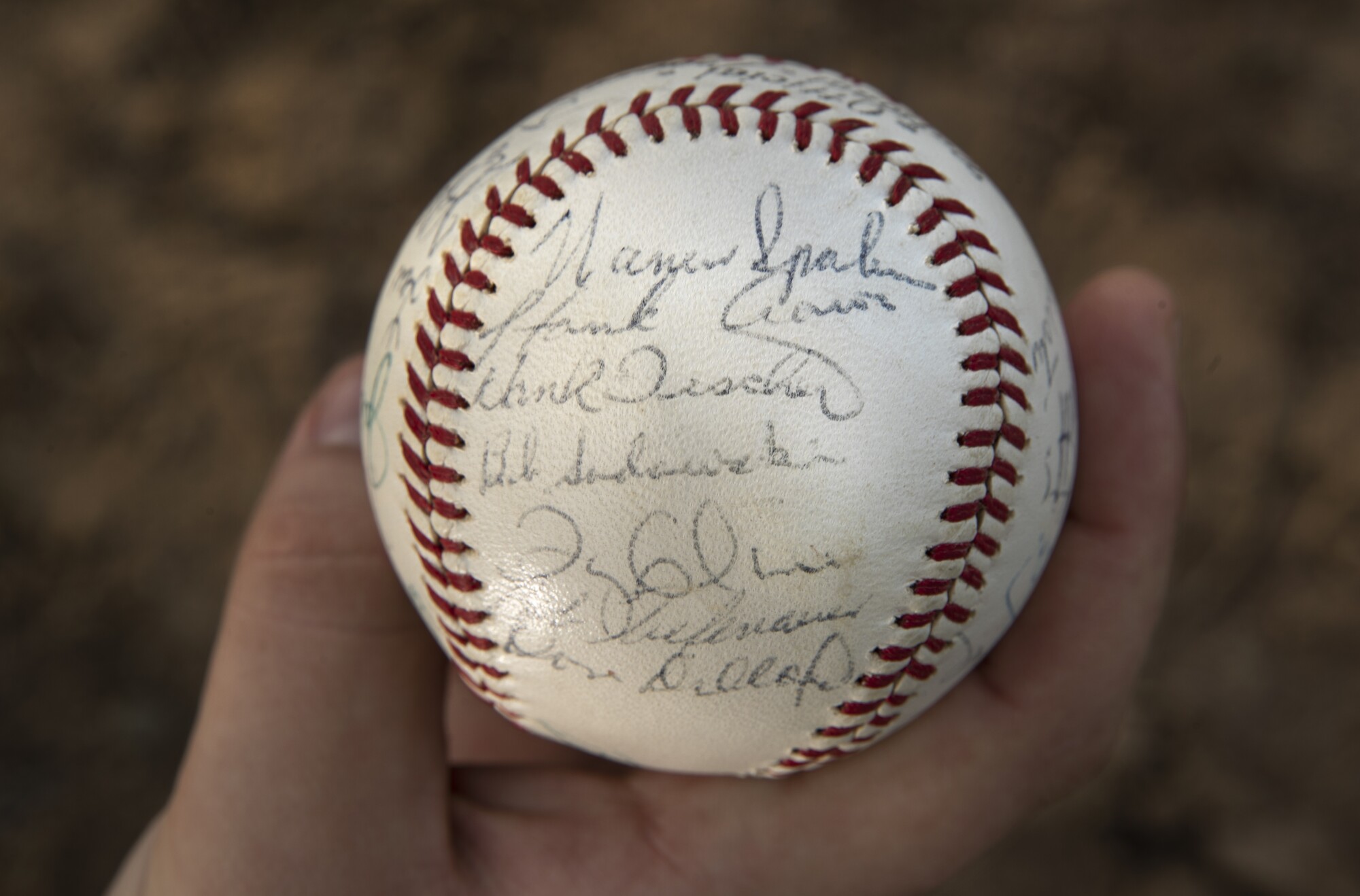 The ball signed by the 1963 Milwaukee Braves. The top two signatures are Warren Spahn and Hank Aaron.